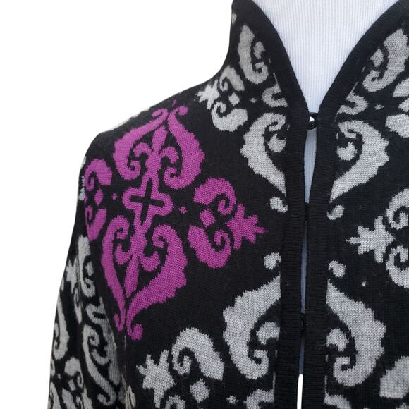 NEVE Geometric Wool Cardigan Jacket Hook Eye Notched Back Black Gray Purple Sz S - Picture 3 of 16